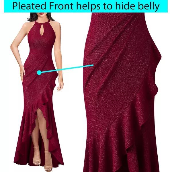 VFSHOW Womens Sexy Halter Neck Formal Cutout Ruffle Slit Ruched Prom Maxi Dress 2023 Wedding Guest HILO Mermaid Evening GownSparkly Dark Red