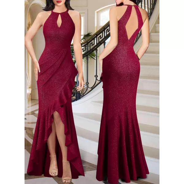 VFSHOW Womens Sexy Halter Neck Formal Cutout Ruffle Slit Ruched Prom Maxi Dress 2023 Wedding Guest HILO Mermaid Evening GownSparkly Dark Red