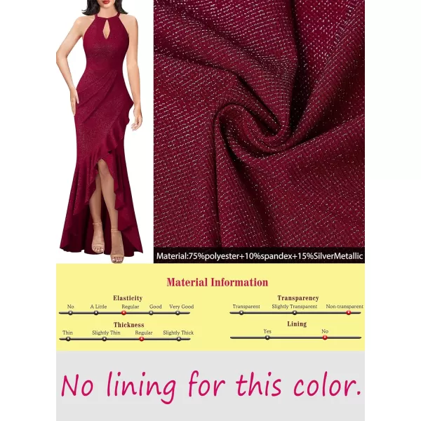 VFSHOW Womens Sexy Halter Neck Formal Cutout Ruffle Slit Ruched Prom Maxi Dress 2023 Wedding Guest HILO Mermaid Evening GownSparkly Dark Red