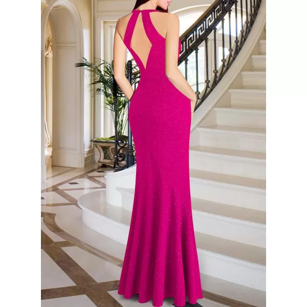 VFSHOW Womens Sexy Halter Neck Formal Cutout Ruffle Slit Ruched Prom Maxi Dress 2023 Wedding Guest HILO Mermaid Evening GownSparkly Hot Pink