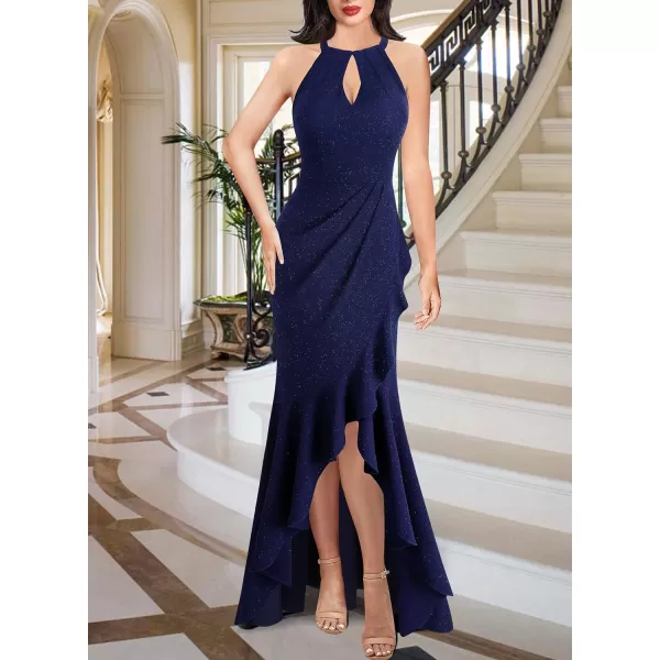 VFSHOW Womens Sexy Halter Neck Formal Cutout Ruffle Slit Ruched Prom Maxi Dress 2023 Wedding Guest HILO Mermaid Evening GownSparkly Navy Blue