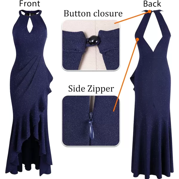 VFSHOW Womens Sexy Halter Neck Formal Cutout Ruffle Slit Ruched Prom Maxi Dress 2023 Wedding Guest HILO Mermaid Evening GownSparkly Navy Blue