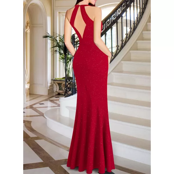 VFSHOW Womens Sexy Halter Neck Formal Cutout Ruffle Slit Ruched Prom Maxi Dress 2023 Wedding Guest HILO Mermaid Evening GownSparkly Red