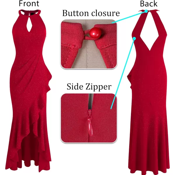 VFSHOW Womens Sexy Halter Neck Formal Cutout Ruffle Slit Ruched Prom Maxi Dress 2023 Wedding Guest HILO Mermaid Evening GownSparkly Red