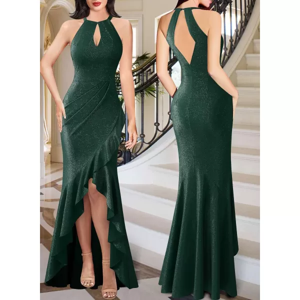 VFSHOW Womens Sexy Halter Neck Formal Cutout Ruffle Slit Ruched Prom Maxi Dress Wedding Guest HILO Mermaid Evening Gown2sparkly Green