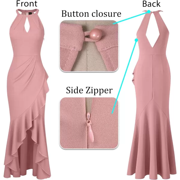 VFSHOW Womens Sexy Halter Neck Formal Cutout Ruffle Slit Ruched Prom Maxi Dress Wedding Guest HILO Mermaid Evening GownSparkly Blush Pink2