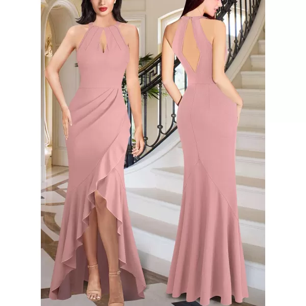 VFSHOW Womens Sexy Halter Neck Formal Cutout Ruffle Slit Ruched Prom Maxi Dress Wedding Guest HILO Mermaid Evening GownSparkly Blush Pink2