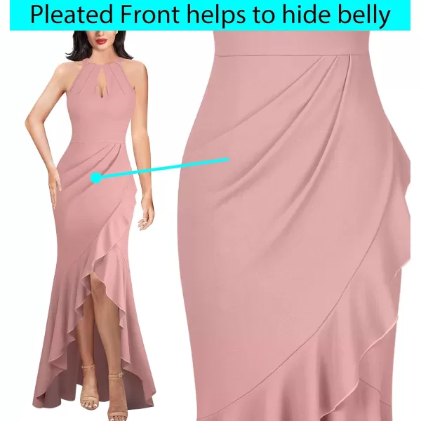 VFSHOW Womens Sexy Halter Neck Formal Cutout Ruffle Slit Ruched Prom Maxi Dress Wedding Guest HILO Mermaid Evening GownSparkly Blush Pink2