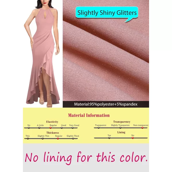 VFSHOW Womens Sexy Halter Neck Formal Cutout Ruffle Slit Ruched Prom Maxi Dress Wedding Guest HILO Mermaid Evening GownSparkly Blush Pink2