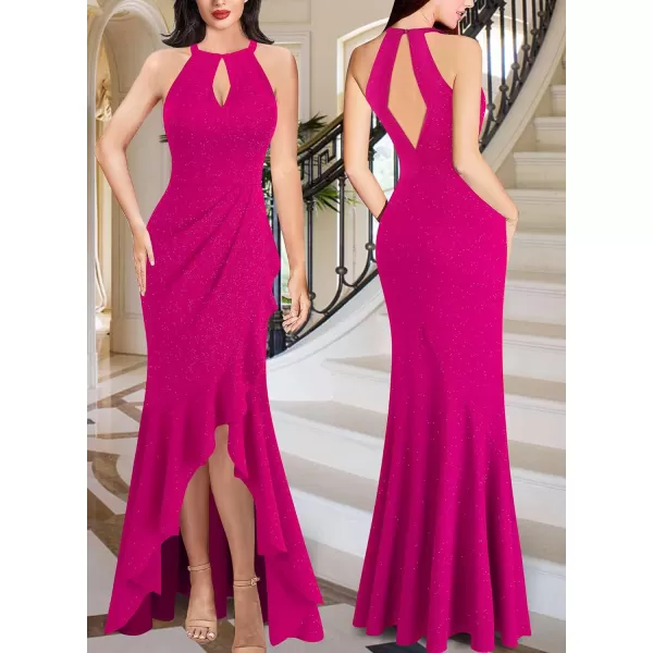 VFSHOW Womens Sexy Halter Neck Formal Cutout Ruffle Slit Ruched Prom Maxi Dress Wedding Guest HILO Mermaid Evening GownSparkly Hot Pink3