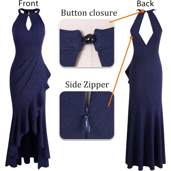 VFSHOW Womens Sexy Halter Neck Formal Cutout Ruffle Slit Ruched Prom Maxi Dress Wedding Guest HILO Mermaid Evening GownSparkly Navy Blue3