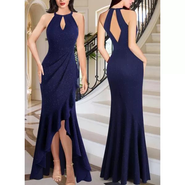 VFSHOW Womens Sexy Halter Neck Formal Cutout Ruffle Slit Ruched Prom Maxi Dress Wedding Guest HILO Mermaid Evening GownSparkly Navy Blue3