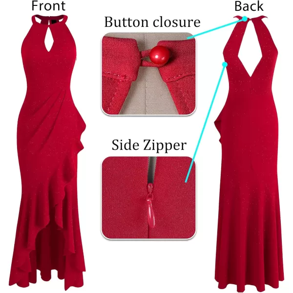 VFSHOW Womens Sexy Halter Neck Formal Cutout Ruffle Slit Ruched Prom Maxi Dress Wedding Guest HILO Mermaid Evening GownSparkly Red3