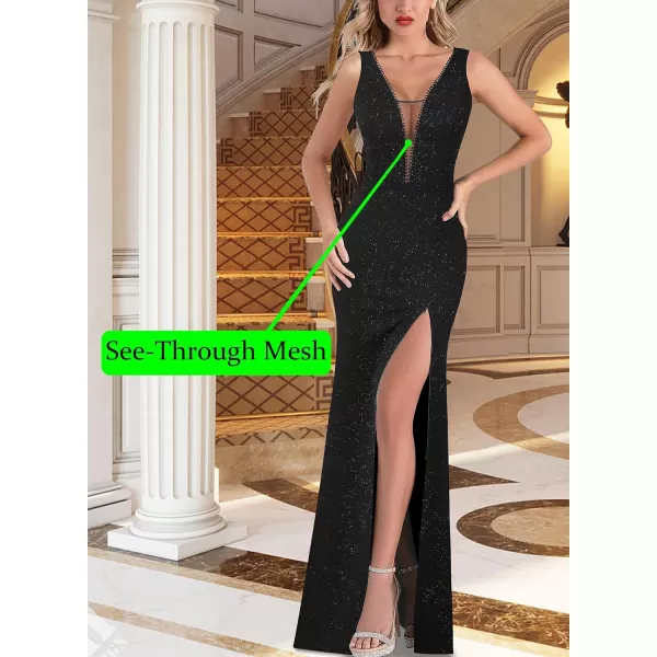 VFSHOW Womens Sexy Illusion Deep V Neck Formal Wedding Guest Prom Maxi Dress 2023 High Split Cocktail Gala Evening Long GownSparkly Black