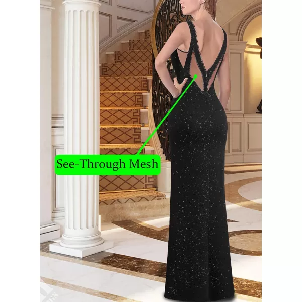 VFSHOW Womens Sexy Illusion Deep V Neck Formal Wedding Guest Prom Maxi Dress 2023 High Split Cocktail Gala Evening Long GownSparkly Black