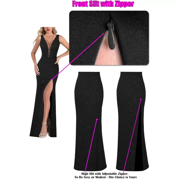 VFSHOW Womens Sexy Illusion Deep V Neck Formal Wedding Guest Prom Maxi Dress 2023 High Split Cocktail Gala Evening Long GownSparkly Black