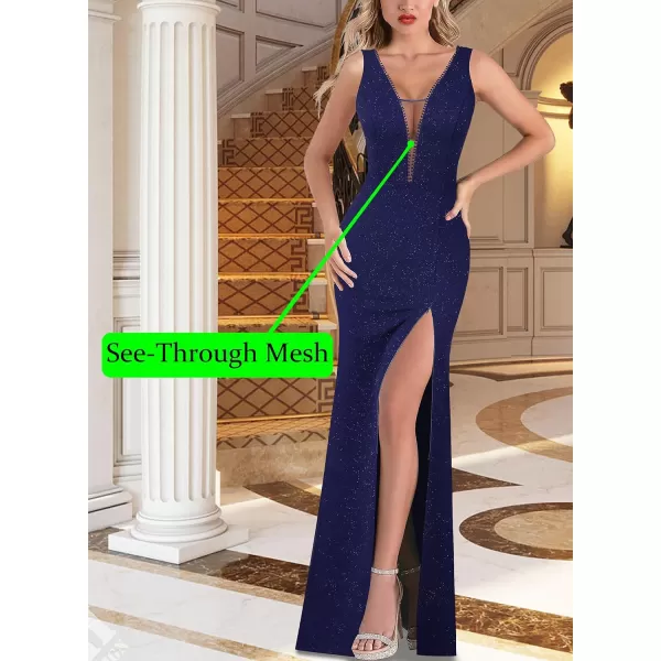 VFSHOW Womens Sexy Illusion Deep V Neck Formal Wedding Guest Prom Maxi Dress 2023 High Split Cocktail Gala Evening Long GownSparkly Navy Blue