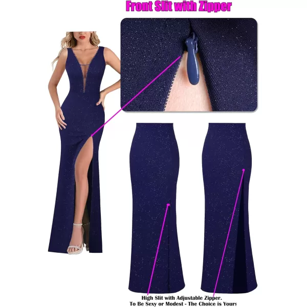 VFSHOW Womens Sexy Illusion Deep V Neck Formal Wedding Guest Prom Maxi Dress 2023 High Split Cocktail Gala Evening Long GownSparkly Navy Blue