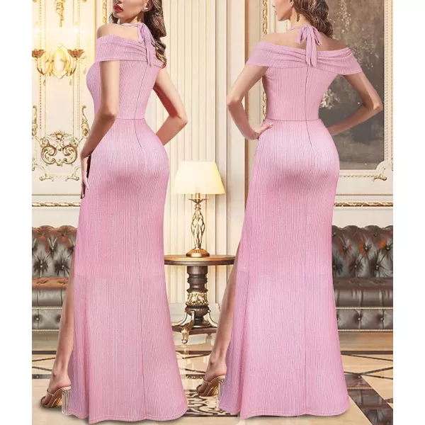 VFSHOW Womens Sexy Off Shoulder Halter Formal Prom Wedding Maxi Long Dress Ruched High Slit Cocktail Evening GownSparkly Pink