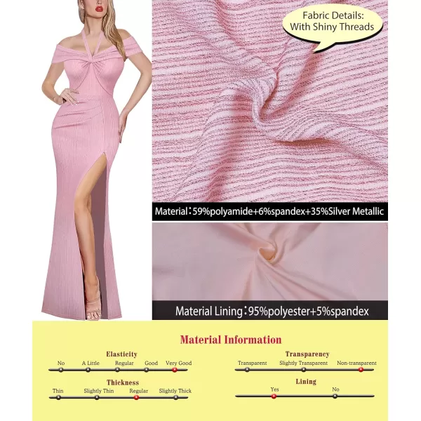 VFSHOW Womens Sexy Off Shoulder Halter Formal Prom Wedding Maxi Long Dress Ruched High Slit Cocktail Evening GownSparkly Pink