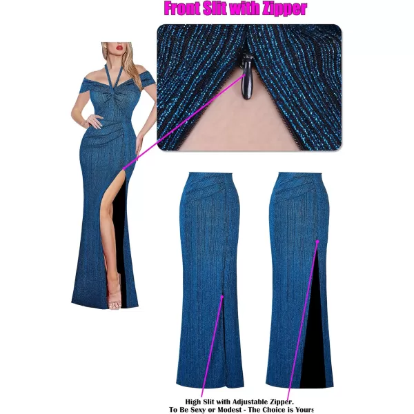 VFSHOW Womens Sexy Off Shoulder Halter Formal Prom Wedding Maxi Long Dress Ruched High Slit Cocktail Evening GownSparkly Teal Blue