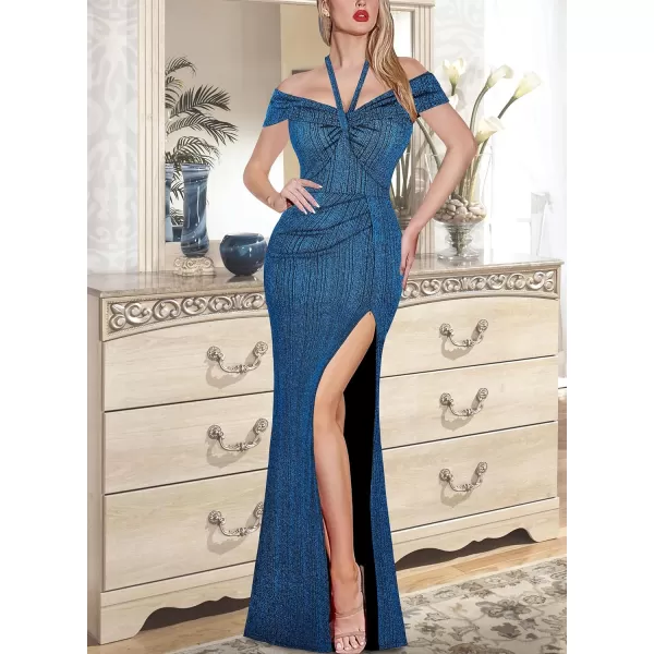 VFSHOW Womens Sexy Off Shoulder Halter Formal Prom Wedding Maxi Long Dress Ruched High Slit Cocktail Evening GownSparkly Teal Blue