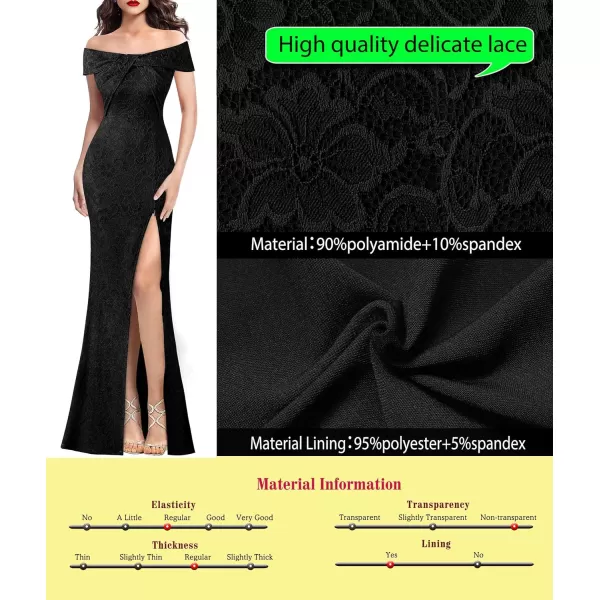 VFSHOW Womens Sexy Off Shoulder High Split Prom Formal Wedding Guest Maxi Dress Front Twist Knot Long Cocktail Evening GownBlack Floral Lace