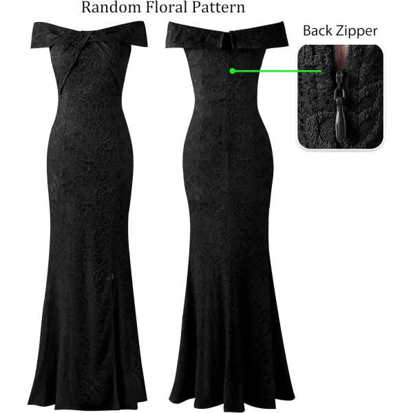 VFSHOW Womens Sexy Off Shoulder High Split Prom Formal Wedding Guest Maxi Dress Front Twist Knot Long Cocktail Evening GownBlack Floral Lace