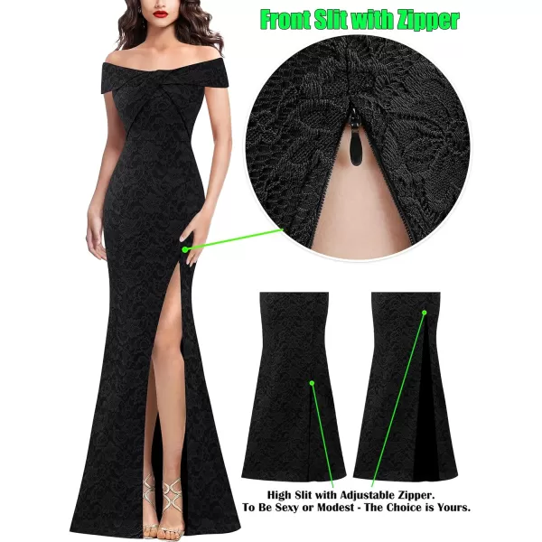 VFSHOW Womens Sexy Off Shoulder High Split Prom Formal Wedding Guest Maxi Dress Front Twist Knot Long Cocktail Evening GownBlack Lace