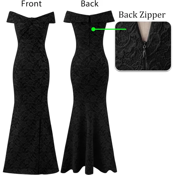 VFSHOW Womens Sexy Off Shoulder High Split Prom Formal Wedding Guest Maxi Dress Front Twist Knot Long Cocktail Evening GownBlack Lace