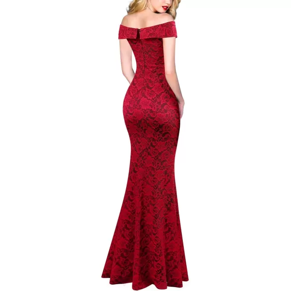 VFSHOW Womens Sexy Off Shoulder High Split Prom Formal Wedding Guest Maxi Dress Front Twist Knot Long Cocktail Evening GownRed Lace