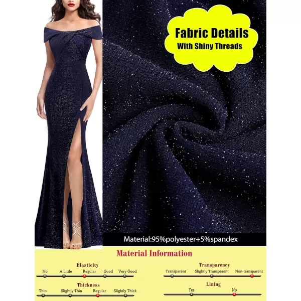 VFSHOW Womens Sexy Off Shoulder High Split Prom Formal Wedding Guest Maxi Dress Front Twist Knot Long Cocktail Evening GownShiny Navy Blue2