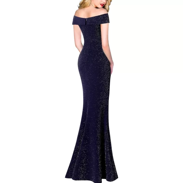 VFSHOW Womens Sexy Off Shoulder High Split Prom Formal Wedding Guest Maxi Dress Front Twist Knot Long Cocktail Evening GownShiny Navy Blue2