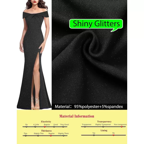 VFSHOW Womens Sexy Off Shoulder High Split Prom Formal Wedding Guest Maxi Dress Front Twist Knot Long Cocktail Evening GownSparkly Black