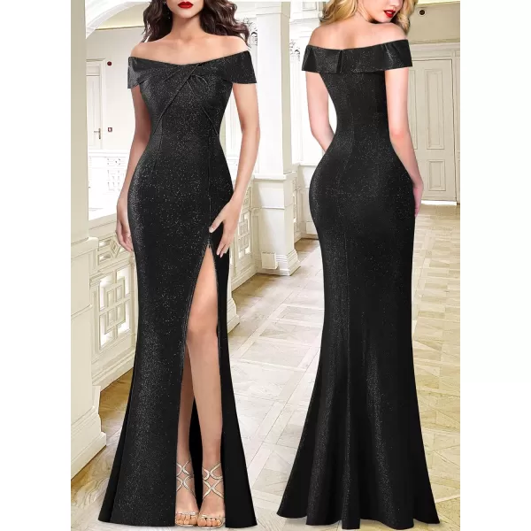 VFSHOW Womens Sexy Off Shoulder High Split Prom Formal Wedding Guest Maxi Dress Front Twist Knot Long Cocktail Evening GownSparkly Black2