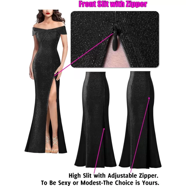 VFSHOW Womens Sexy Off Shoulder High Split Prom Formal Wedding Guest Maxi Dress Front Twist Knot Long Cocktail Evening GownSparkly Black2