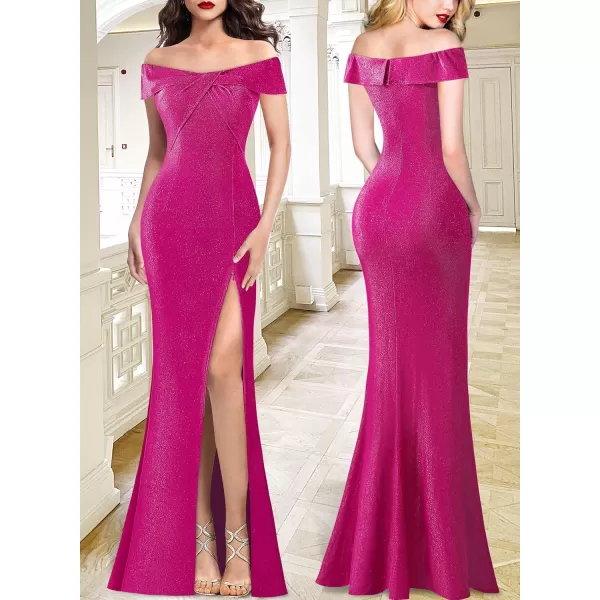 VFSHOW Womens Sexy Off Shoulder High Split Prom Formal Wedding Guest Maxi Dress Front Twist Knot Long Cocktail Evening GownSparkly Hot Pink