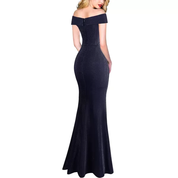 VFSHOW Womens Sexy Off Shoulder High Split Prom Formal Wedding Guest Maxi Dress Front Twist Knot Long Cocktail Evening GownSparkly Navy Blue