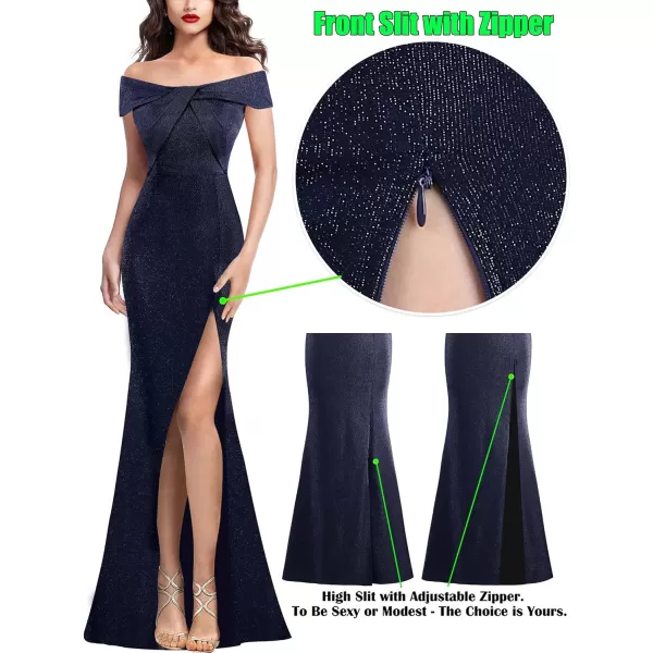 VFSHOW Womens Sexy Off Shoulder High Split Prom Formal Wedding Guest Maxi Dress Front Twist Knot Long Cocktail Evening GownSparkly Navy Blue