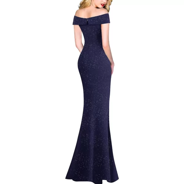 VFSHOW Womens Sexy Off Shoulder High Split Prom Formal Wedding Guest Maxi Dress Front Twist Knot Long Cocktail Evening GownSparkly Navy Blue2