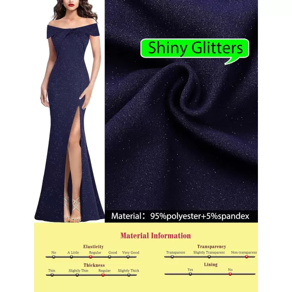 VFSHOW Womens Sexy Off Shoulder High Split Prom Formal Wedding Guest Maxi Dress Front Twist Knot Long Cocktail Evening GownSparkly Navy Blue2