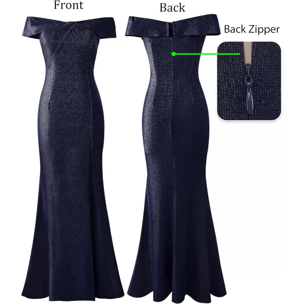 VFSHOW Womens Sexy Off Shoulder High Split Prom Formal Wedding Guest Maxi Dress Front Twist Knot Long Cocktail Evening GownSparkly Navy Blue3