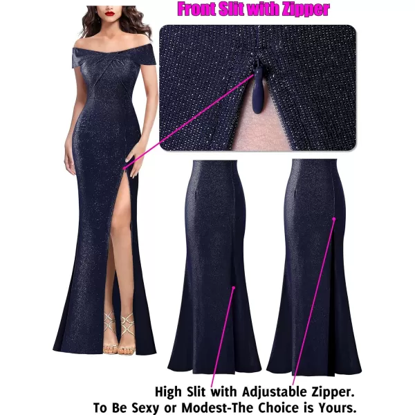 VFSHOW Womens Sexy Off Shoulder High Split Prom Formal Wedding Guest Maxi Dress Front Twist Knot Long Cocktail Evening GownSparkly Navy Blue3