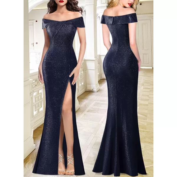 VFSHOW Womens Sexy Off Shoulder High Split Prom Formal Wedding Guest Maxi Dress Front Twist Knot Long Cocktail Evening GownSparkly Navy Blue3