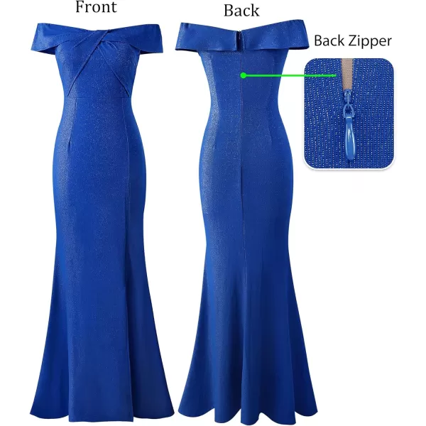 VFSHOW Womens Sexy Off Shoulder High Split Prom Formal Wedding Guest Maxi Dress Front Twist Knot Long Cocktail Evening GownSparkly Royal Blue