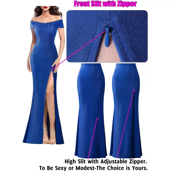 VFSHOW Womens Sexy Off Shoulder High Split Prom Formal Wedding Guest Maxi Dress Front Twist Knot Long Cocktail Evening GownSparkly Royal Blue