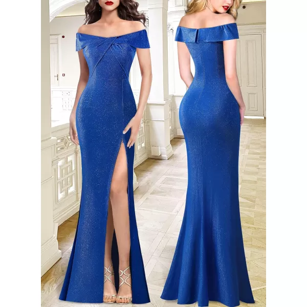 VFSHOW Womens Sexy Off Shoulder High Split Prom Formal Wedding Guest Maxi Dress Front Twist Knot Long Cocktail Evening GownSparkly Royal Blue