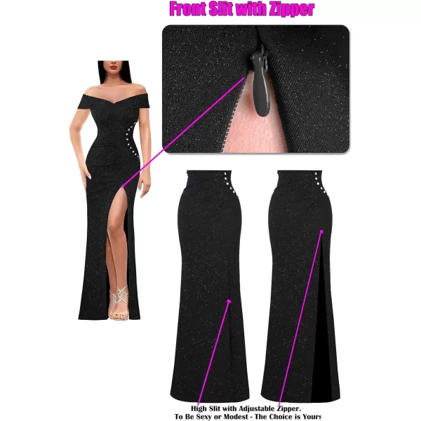 VFSHOW Womens Sexy Off Shoulder Ruched Buttons High Slit Prom Formal Maxi Dress 2023 Wedding Guest Cocktail Evening Long GownSparkly Black