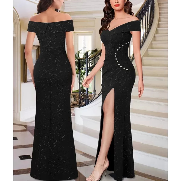 VFSHOW Womens Sexy Off Shoulder Ruched Buttons High Slit Prom Formal Maxi Dress 2023 Wedding Guest Cocktail Evening Long GownSparkly Black