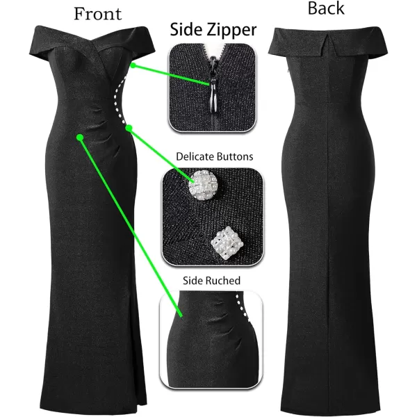 VFSHOW Womens Sexy Off Shoulder Ruched Buttons High Slit Prom Formal Maxi Dress 2023 Wedding Guest Cocktail Evening Long GownSparkly Black2